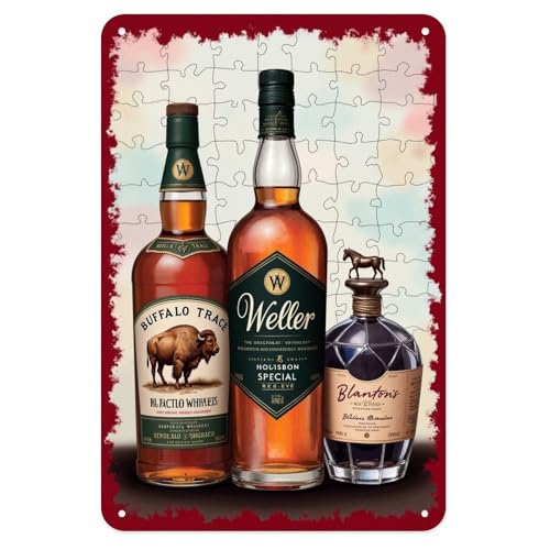 Whiskey Bourbon Bottles Tin Sign Vintage Buffalo Trace Weller Blanton's Metal Sign Print Aesthetic for Garden Yard Bar Porch Home Bedroom Kitchen Wall Decor Gift 8 X 12 in