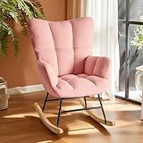 DUMOS Rocking Chair with High Backrest, Teddy Upholstered Indoor Reading Glider Chair with Comfy Seat for Bedroom, Living Room, Office, Baby Pink