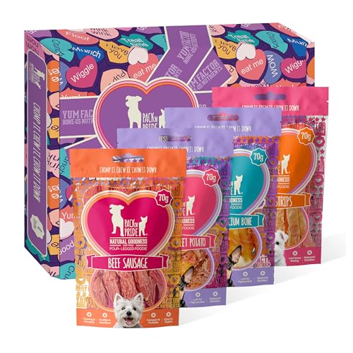 PACK'N PRIDE Dog Treats Wag&Wow Box, 4 x 70g Packs (280g Total) - 4 Unique Flavors, High-Protein Dog Chews, Set
