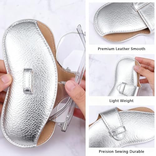 Image of CREATCABIN Soft Leather Glasses Case Slim Sunglasses Case Bag Portable Lightweight Travel Eyeglasses Spectacle Holder Pouch Cover with Cleaning Cloth Gift for Women Men Holiday 6.9x3.4 Inch Sliver