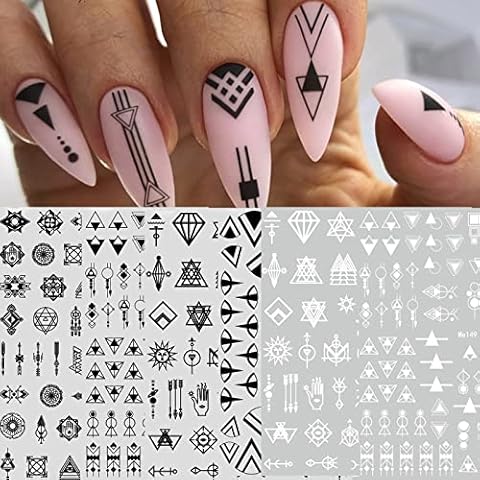 12 Sheets Geometric Nail Art Stickers Decals Self-Adhesive Black White Mysterious Triangle Nail Supplies Nail Art Design Decoration Accessories Cover