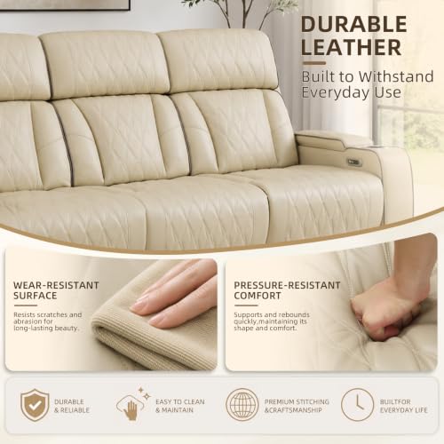 Image of Power Reclining Sectional Sofa Set, Beige Air Leather Recliner Couch with Wireless Charging, Reading Lights, Cup Holders, USB & Type-C Ports, Storage Console for Living Room Home Theater