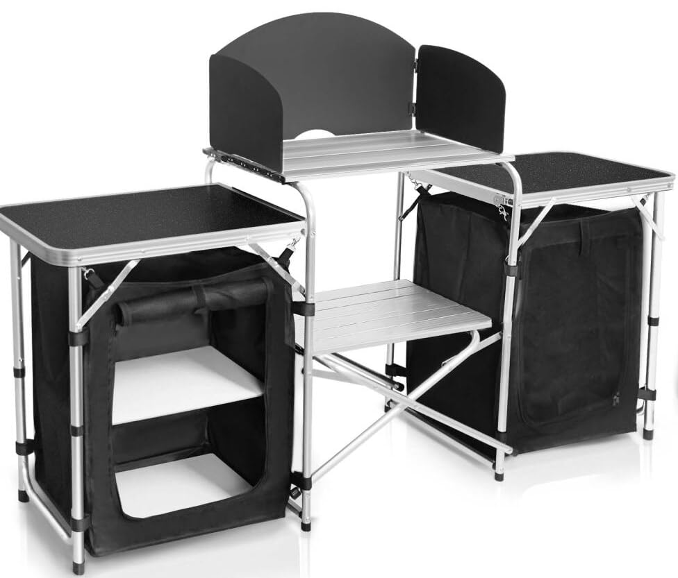 Portable Aluminum Camping Kitchen Table with 2 Storage Cupboards & Bags, Camping Cook Station Ideal for Beach RV Traveling Camp Kitchen (Black)