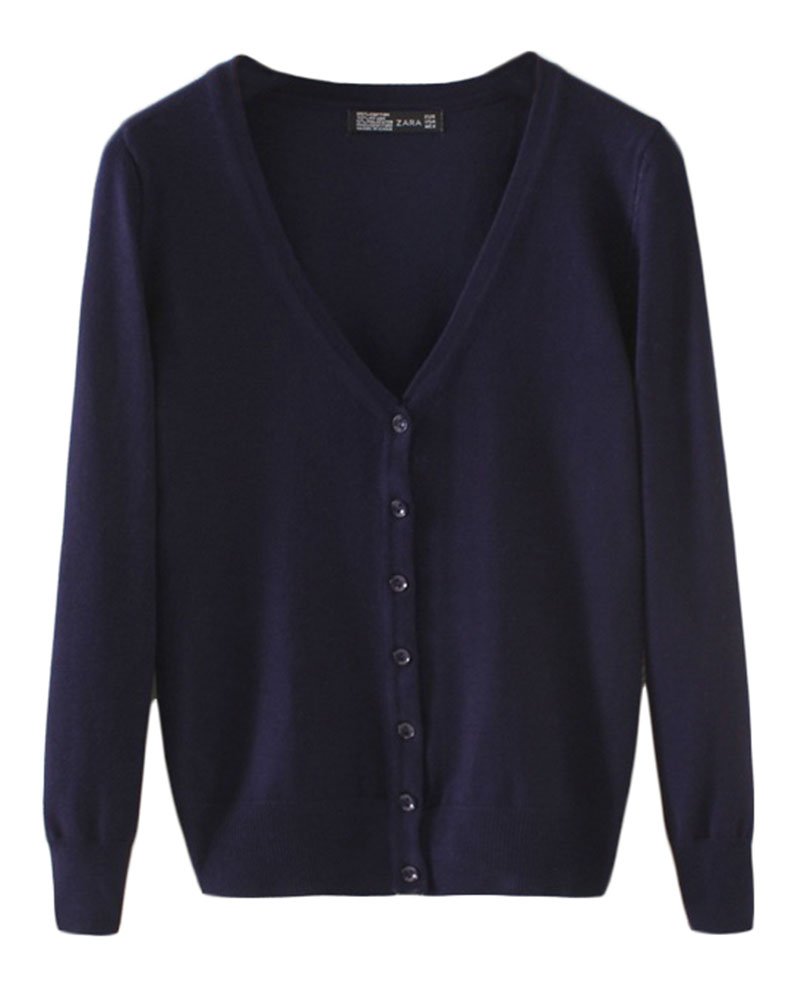 Women's Basic Cardigan V Neck Knit Spring Button Down Long Sleeve Sweater Outwear Navy M