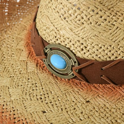 Image of Cowboy Hats for Women & Men Straw Cowboy Hat Wide Brim Western Cowgirl Hats Summer Sun Hat