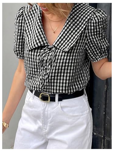 SweatyRocks Women's Lapel Collar Plaid Print Blouse Puff Sleeve Tie Front Button Down Shirts4