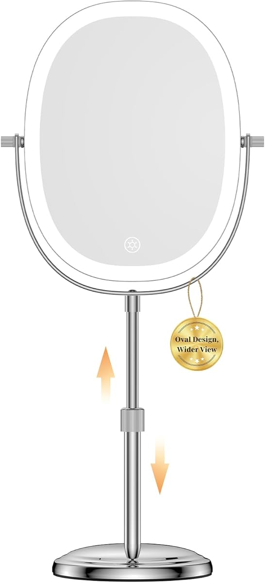 DeLanges 9″ Makeup Mirror with Lights, 7X Magnification, Height Adjustable Vanity Mirror, Rechargeable 3 Color Lighting Mode, 360° Swivel Double Sided Magnifying Mirror, Chrome, Gift for Women