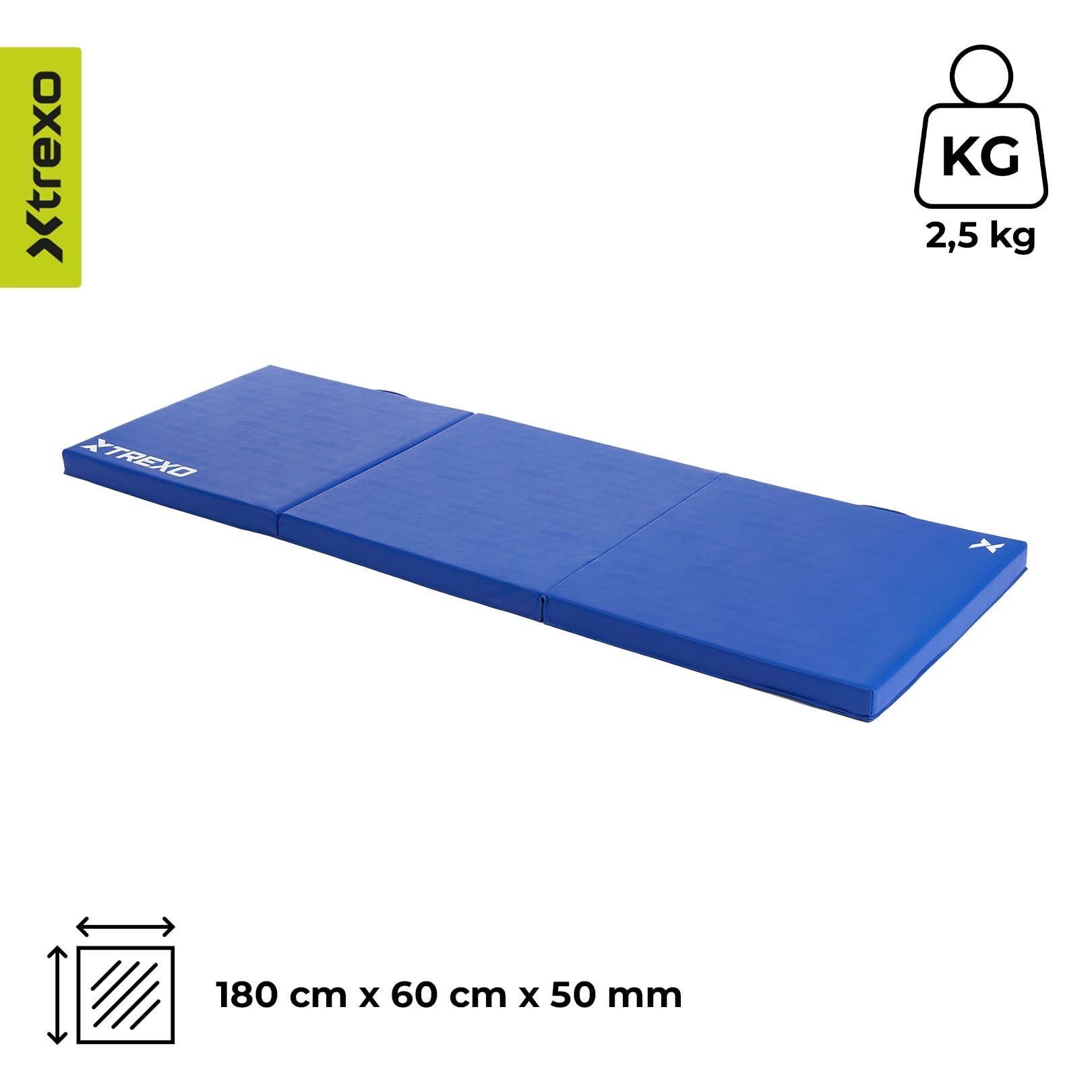TREXO – Tapis de Gymnastique Pliable 180 x 60 x 5 cm 3-Panneaux – Tapis d’Entraînement Portable avec Poignée, Mousse EPE & Revêtement Similicuir – Bleu
