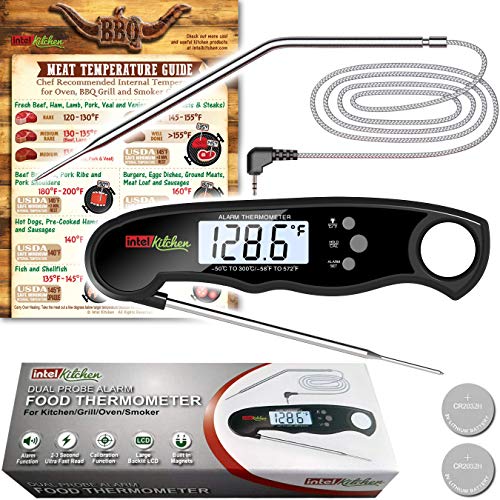 Intel Kitchen Accurate Instant Read Meat Thermometer Dual Probe Alarm Versatile Pre-Calibrated Digital Kitchen Oven BBQ Grill Smoker Backlight LCD Calibration Food Cool Meat Temperature Guide â€“ Black