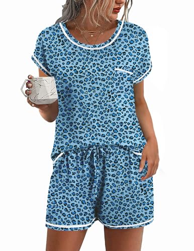 Image of Ekouaer Womens Pajama Sets 2 Piece Soft Short Sleeve Top and Shorts Sleepwear Round Neck Pjs Lounge Set with Pockets
