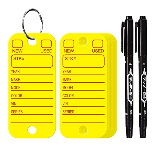 200 Pcs PVC Tags with Labels and Rings, Car Key Tags for Organization, Identifiers, and Luggage Tags with 2 Pcs Markers, Plastic Keychain Tags for Car, Truck, and Dealer Use (Yellow)