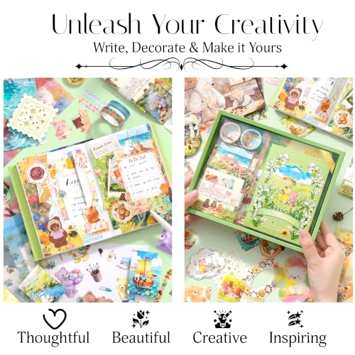 Image of The AutoStory Vintage Scrapbook Album Kit - A6 Junk Journal Notebook with Aesthetic Stickers, Collage Paper Pack & Washi Tape - DIY Journaling Supplies Gift for Teens & Girls (Forest Dream, Green)