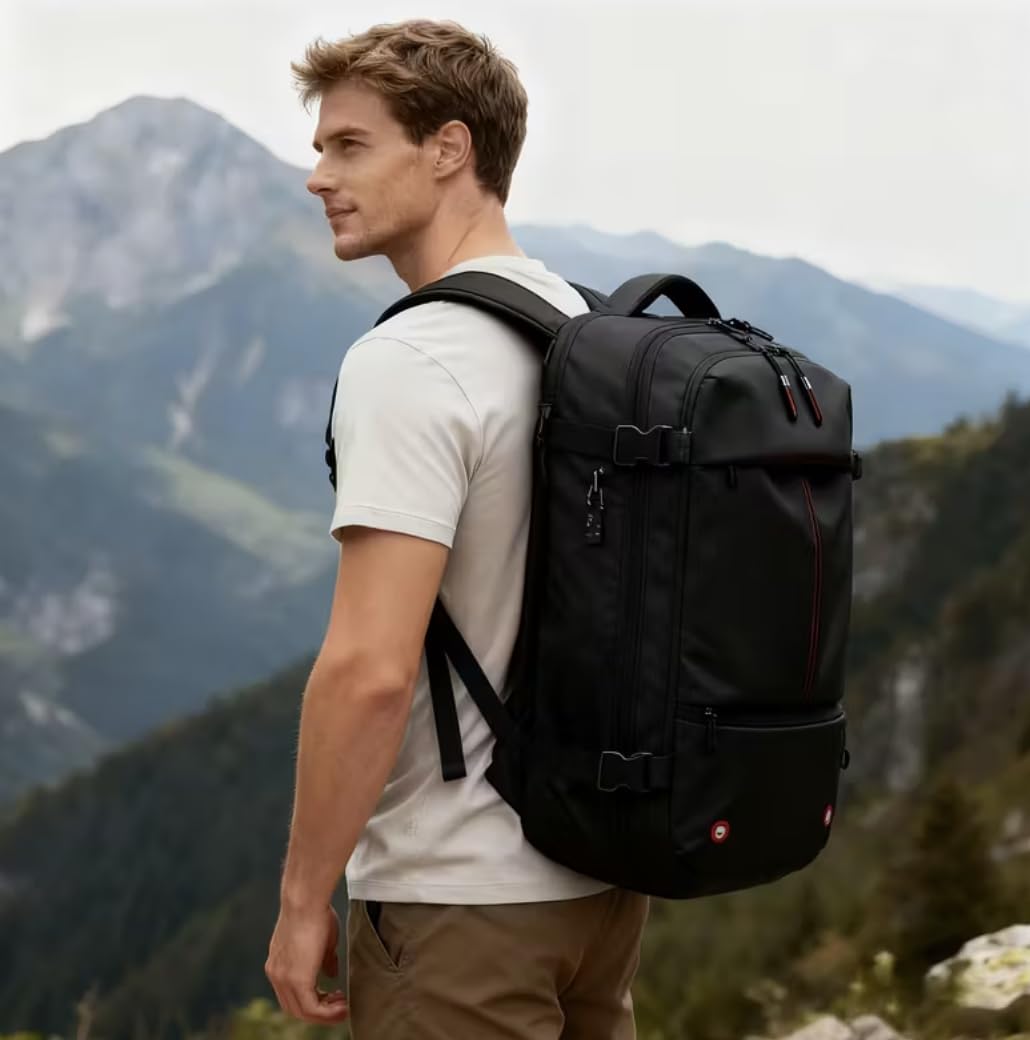 Sac à dos de voyage à compression sous vide avec serrure à combinaison, compartiment pour ordinateur portable de 17 pouces et manchon de chariot - Sac à dos robuste de haute qualité pour la randonnée