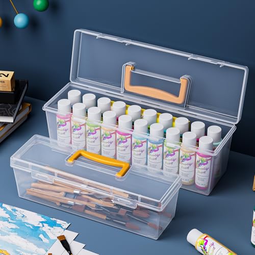 Image of Udefineit 2 Sizes Acrylic Paint Storage Boxes with Yellow Handle, Thickened Craft Organizers for 20 Bottles of 2 fl. oz Apple Barrel Acrylic Paint Storage, Empty Painting Tool Containers