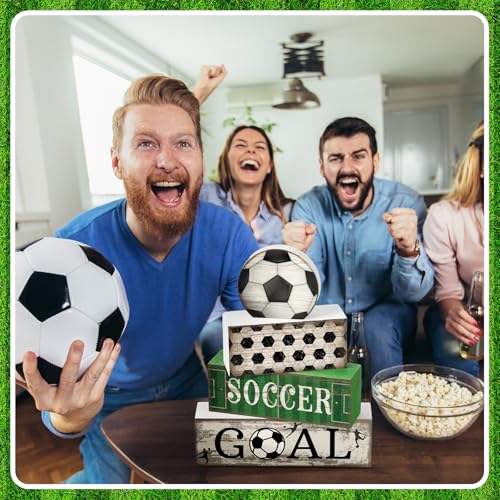 Image of Moucuny 4 Pcs Soccer Party Decorations Soccer Table Centerpiece Football Tiered Tray Decor Wooden Ball Block Signs Gift Sports Themed Table Decorations for Boys Baby Shower Party Supplies Decor