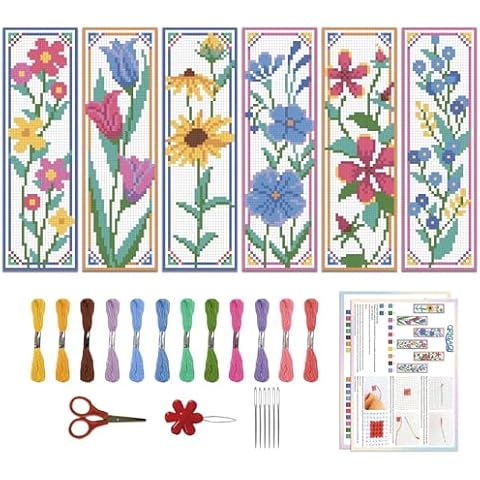 ORIGACH 6 Pcs Flower Cross Stitch Bookmark Kit for Beginner with Backing Felt Floss Instruction Sunflowers Tulip DIY Stamped Embroidery Bookmark Kit for Starter Adults Book Lovers Cover