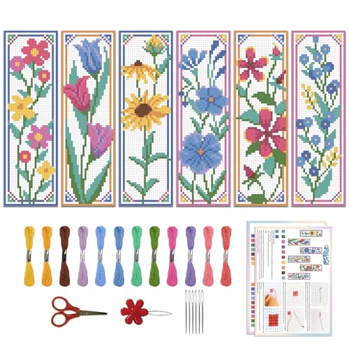 ORIGACH 6 Pcs Flower Cross Stitch Bookmark Kit for Beginner with Backing Felt Floss Instruction Sunflowers...