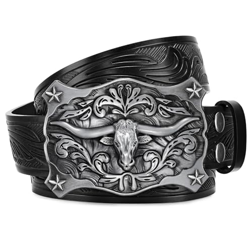 SANSTHS Cowboy Belt Western Belts for Men Women, Western Leather Belt Cowboy Cowgirl Belt Embossed Leather Belt for Jeans