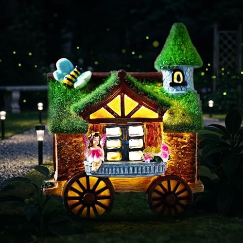 TERESA'S COLLECTIONS Ornamento de jardim exterior, casa de fadas luzes solares LED, decoração de jardim casa de resina de casa de árvore habitante com verde musgo, carro e fada, 17,5 cm
