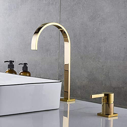 Robinet de lavabo deux trous rotatif anti-éclaboussures or brossé pour évier