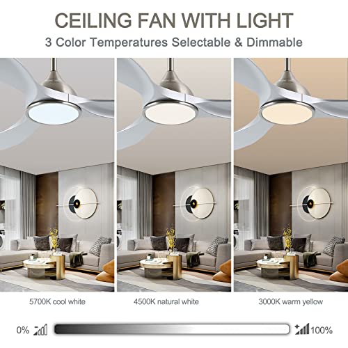 Image of 52 Inch Modern 3 Blade Silver Ceiling Fan with Lights Remote Control