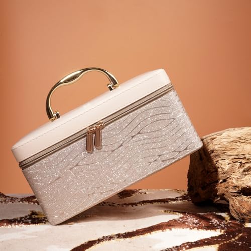 Image of Hard Craft Large Capacity Cosmetic Bags for Womens Girls Bride Multi Functional Beauty Case Wedding Makeup Jewelery Bridal Box Leather Storage Organizer Bag for Home Travel with Mirror