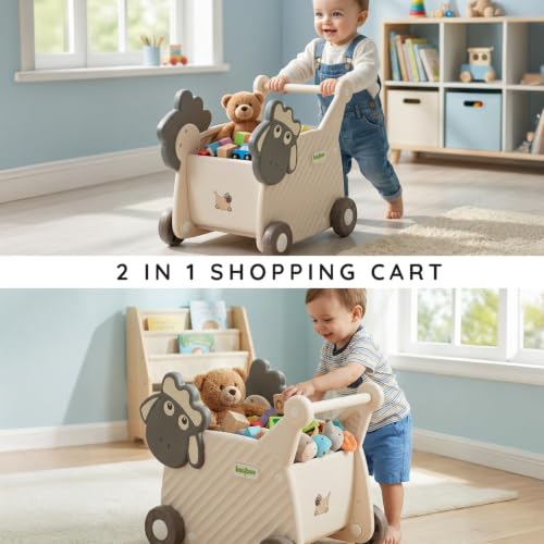 Image of Baybee 2 in 1 Push Walker with Shopping Cart for Kids | Smooth Rolling Wheels, Rounded Edges, WideToy Storage Organizer | Walking Support for Baby Boys & Girls 0-3 Years (White & Grey)