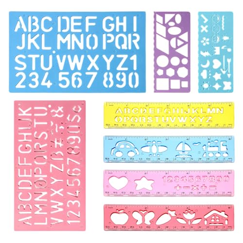 8 Piezas Plantillas de Dibujo para Niños, Reglas con Letras Números y Formas Geométricas, Stencils de Plástico Reutilizables para Manualidades, Pintura y Scrapbooking, Colores Aleatorios