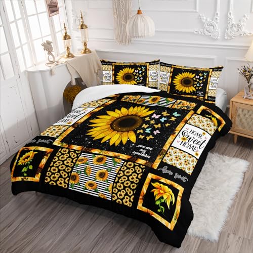 Image of AILONEN Sunflower Comforter Set Queen Size, Modern Sunflower Pattern Bedding Set for Boys Girls Gifts,Yellow Botanical Floral Comforter Set 3 Pieces, 1 Quilt and 2 Pillowcases