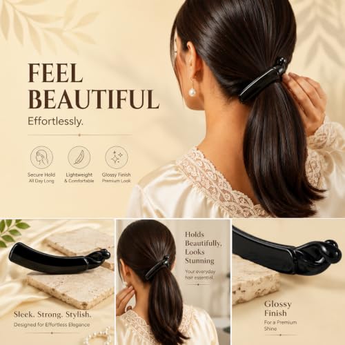 Image of Glaze Glossy Finish Curved Claw Hair Clips for Women & Girls | Strong Grip Non-Slip Hair Jaw Clips for Thick, Thin & Curly Hair | Everyday Styling Accessories | Black, Pack of 3 (medium)
