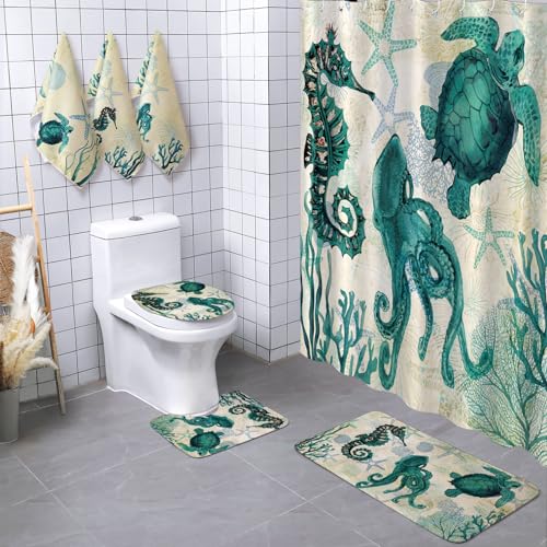 Newwiee 7 Pcs Sea Turtle Shower Curtain Set with Non-Slip