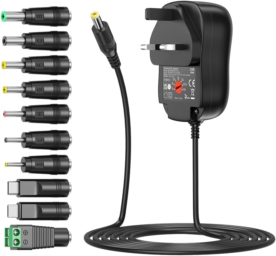 45W Universal Power Adapter AC DC 5V 6V 7.5V 9V 12V 13.5V 15V Power Supply with 5V 2A USB Port for Household Electronics, 3A Max.