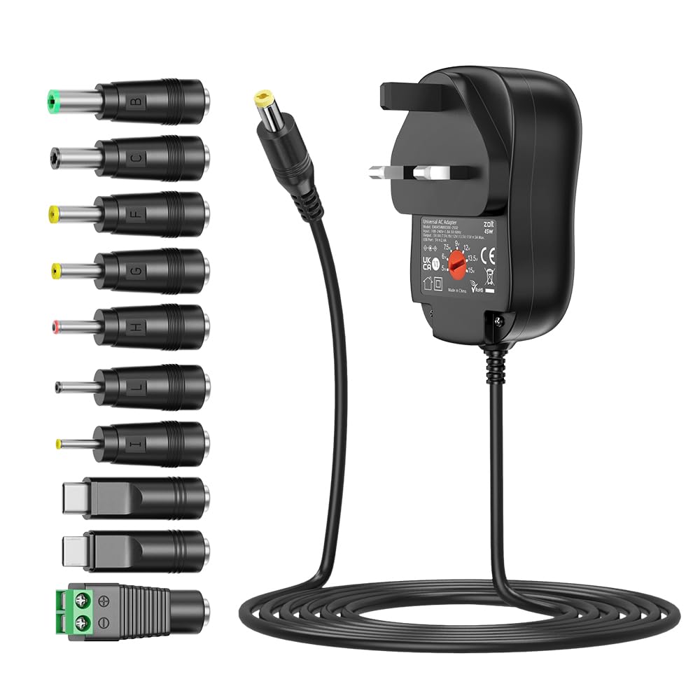 45W Universal Power Adapter AC DC 5V 6V 7.5V 9V 12V 13.5V 15V Power Supply with 5V 2A USB Port for Household Electronics, 3A Max.