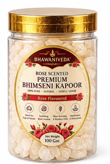 BHAWANIVEDA Rose Scented Premium Bhimseni Kapoor, 100% Pure Natural Temple Grade, Rose Flavoured, 100 Gm-image-31