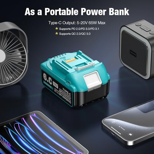 usb-c charging 18v 60ah replace for makita 18v battery compatible with makita 18 volt lithium battery bl1850 bl1840 bl1830 bl1860 with type-c inputoutput port 2pack