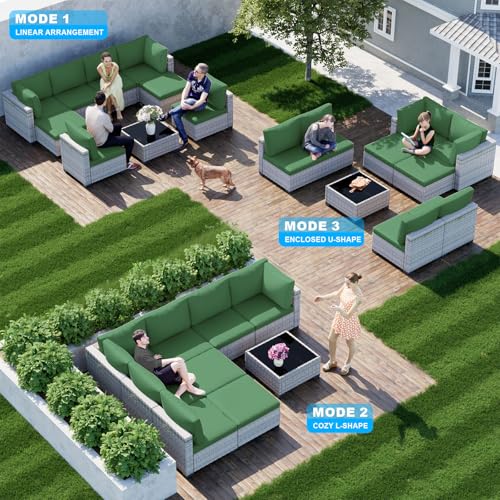 Image of Outdoor PE Wicker Rattan Modular Patio Sectional Sofa Set | 9-Piece: 6 Modular Seats, Coffee Table & 2 Ottomans, Dark Green