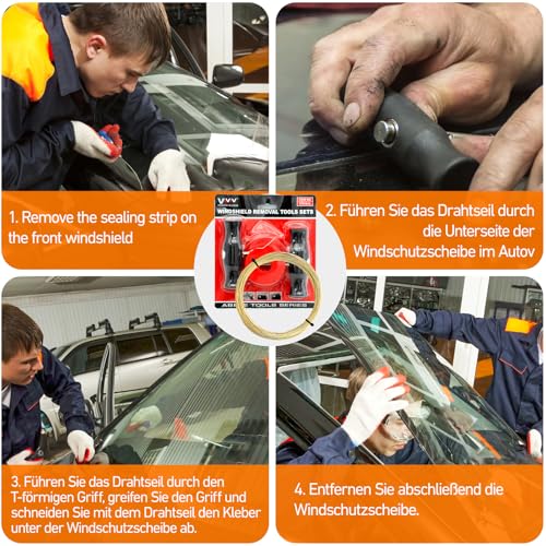 Windschutzscheibe Ausbau Werkzeug Set mit Griff und Schneidedraht, Universelles Windschutzscheibe Werkzeug, für Professionelle Reparaturen Schneidedraht Windschutzscheibe Set