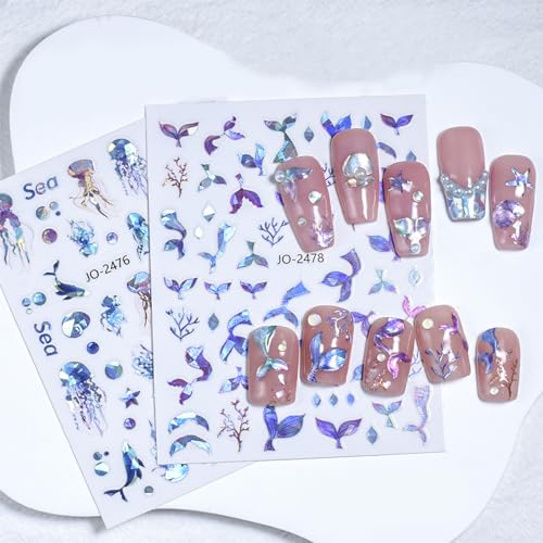 Kehkfsef 973KEHKFSEF 6 Sheets Ocean Mermaid Tail Nail Stickers Decals 3D Self Adhesive Summer Beach Nail Decals Fishtail Shellfish Starfish Nail Art Stickers Ocean Animal World Nail Design thumb #6