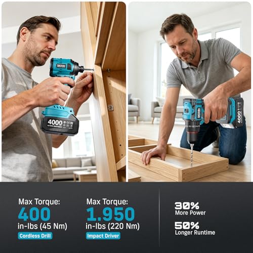 Image of SEESII 21V Max Cordless Drill and Impact Driver, Power Tool Combo Kit Included 3 /8'' Drill & 1 /4'' Impact Driver, 2x 4000mAh Battery, Fast Charger, 20 pcs Driver Bit Set & Bag