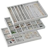 Fixwal 13.8in Jewelry Organizer Trays, Large Stackable Jewelry Tray for Drawers, Jewelry Storage for Earring Ring Necklace Bracelet Watch with Removable Divider, Grey, Set of 3
