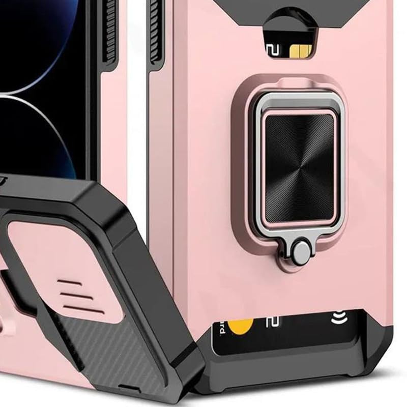 Image of LuxuryKase Shockproof Armor Case for iPhone 15 Pro Max | Slide Camera Cover | Hidden Card Slot | Rotating Ring Kickstand | Magnetic Car Mount Support | Military Grade Protection - Rose Gold