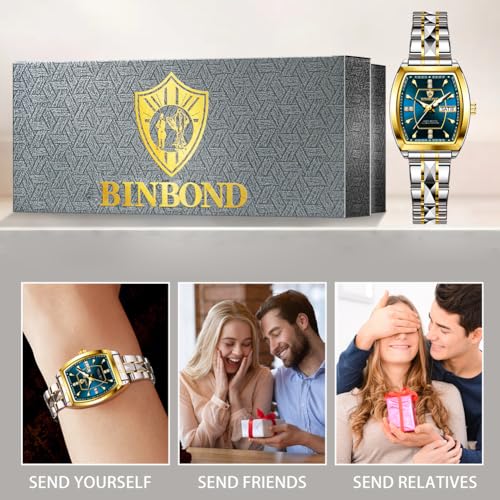 Image of BINBOND Square Watches for Women Analog Quartz Day Date Ladies Wrist Watch Diamond Stylish Stainless Steel Dress Womens Watch Elegant Luminous Waterproof