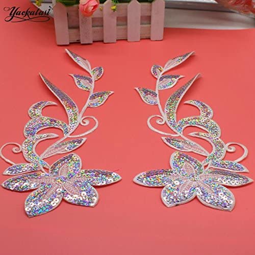 GlobalNiche White: 5 Pairs/Lot Mirror Pair Flower ed Appliqued Iron On Trim Hologram s Gold and Silver 12.5 * 31Cm