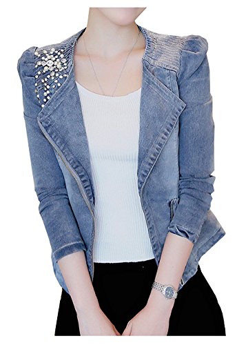 LifeShe Womens Beading Pearls Asymmetrical Moto Zip Up Denim Jackets Blazer (Blue, M)