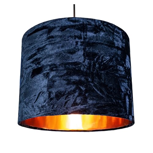 Modern and On-Trend Vivid Midnight Blue Crushed Velvet Fabric 8" Table or Pendant Circular Drum Lampshade with Shiny Copper Inner - Image 2