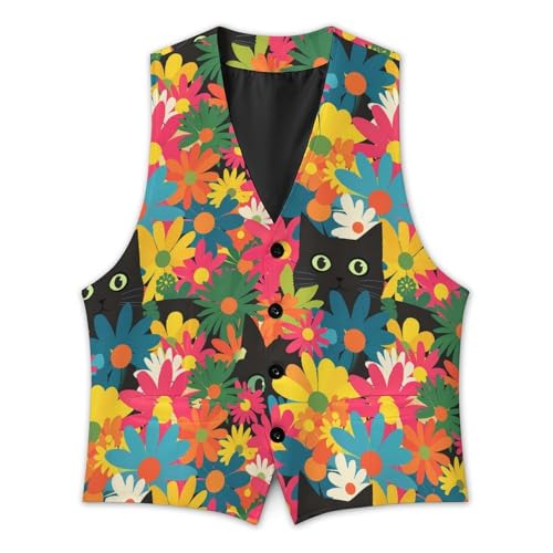 Black Cat Hiding in Spring Flowers Novelty Men's Suit Vest Casual Formal Dress Vests Business Waistcoat 6