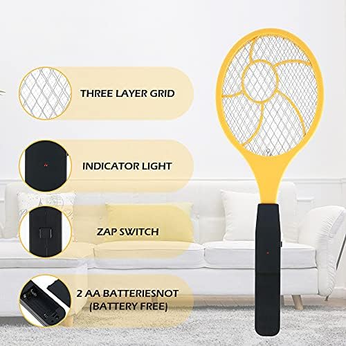 Electric Fly Swatter Battery Operated Electric Bug Zapper Racket Handheld Mosquitos Killer Insects Fly Swatter for Indoor Outdoor Camping Picnics Yellow