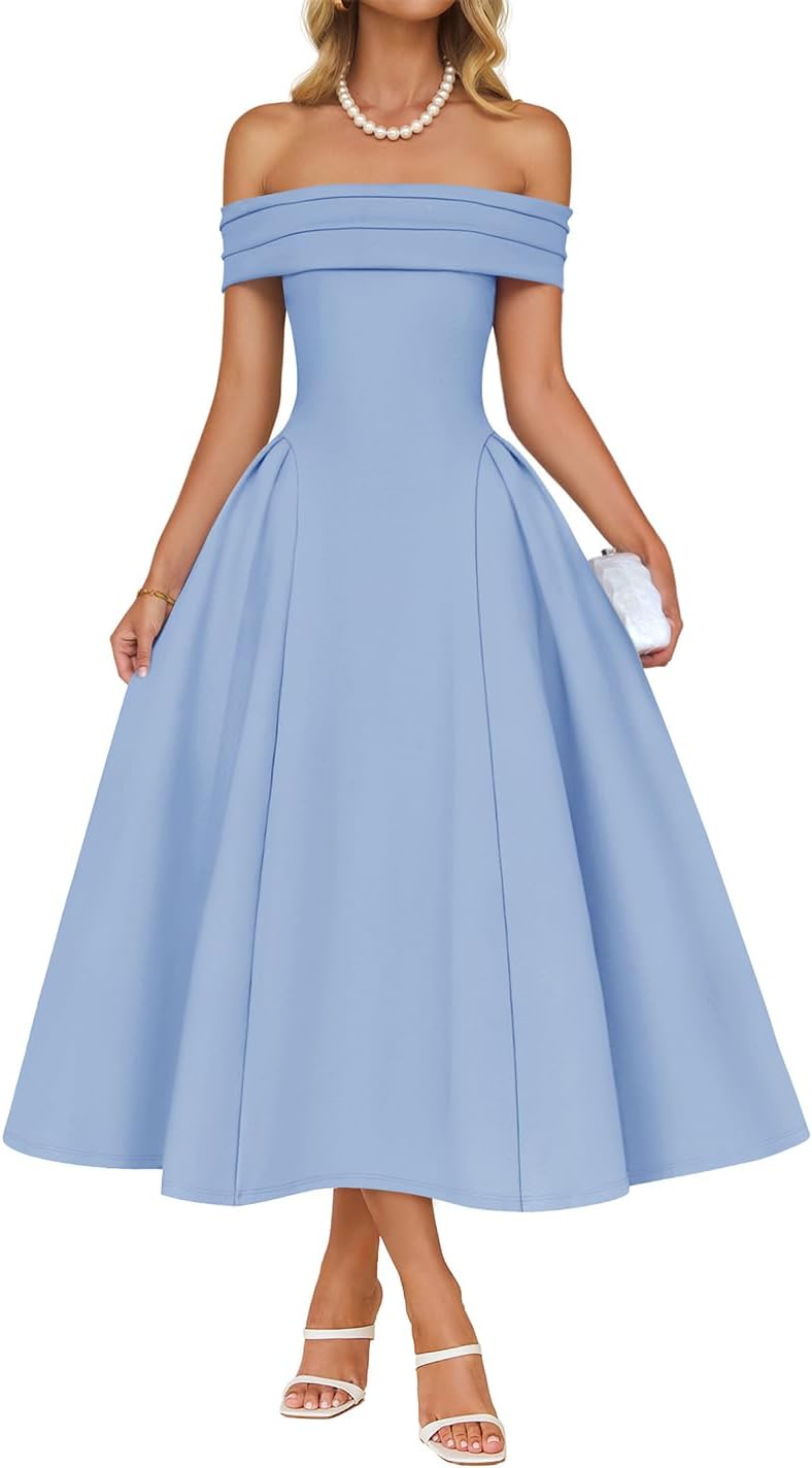 ZESICA Cocktail Dresses for Women's Elegant Off Shoulder Short Sleeve Swing A Line Wedding Evening Party Midi Dress