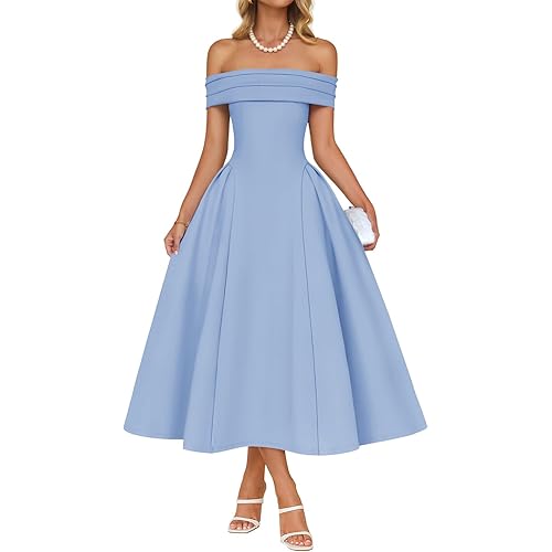 ZESICA Summer 2026 Cocktail Dresses for Women's Off Shoulder Short Sleeve Swing A Line Wedding Evening Party Midi Dress