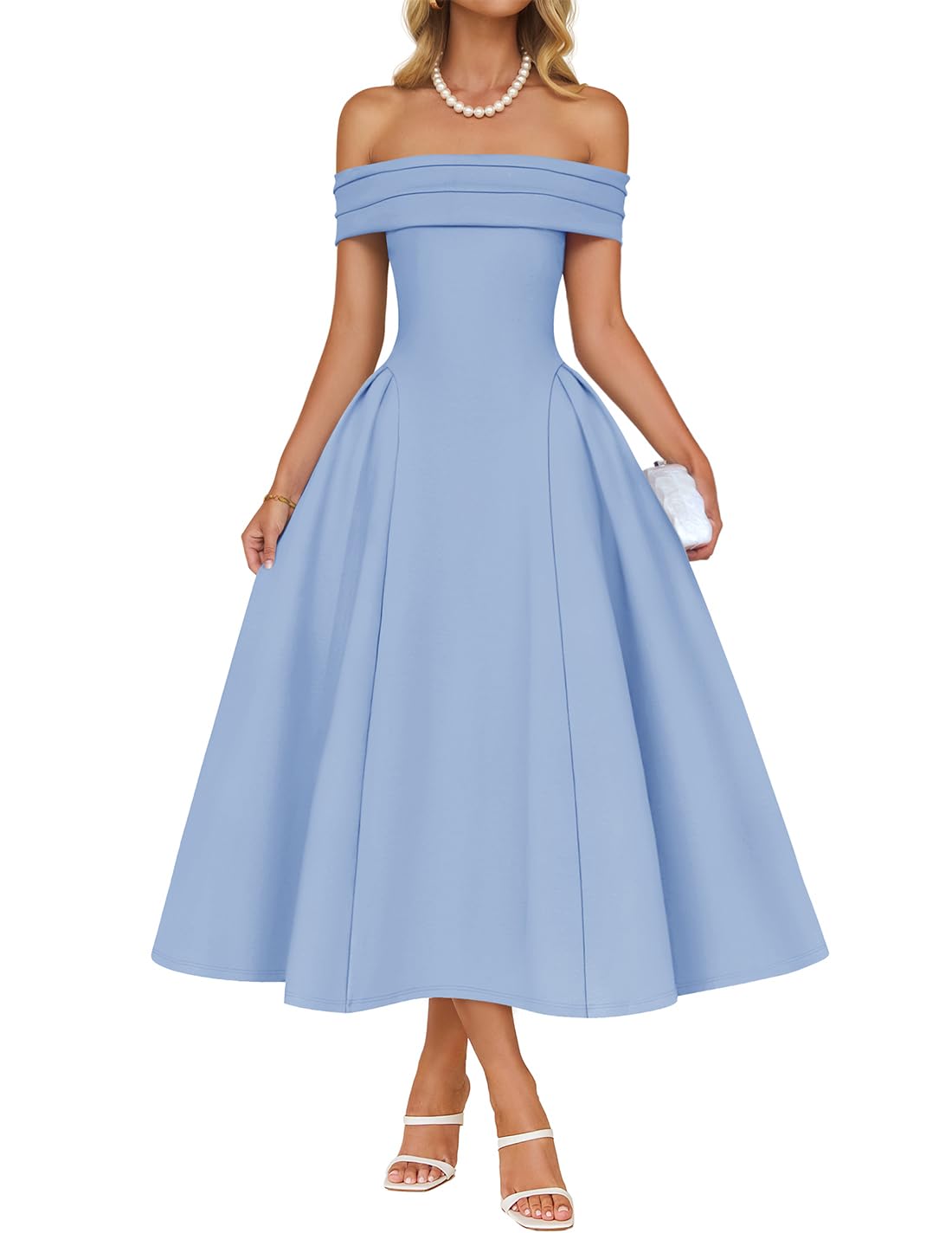 ZESICA Cocktail Dresses for Women's Elegant Off Shoulder Short Sleeve Swing A Line Wedding Evening Party Midi Dress